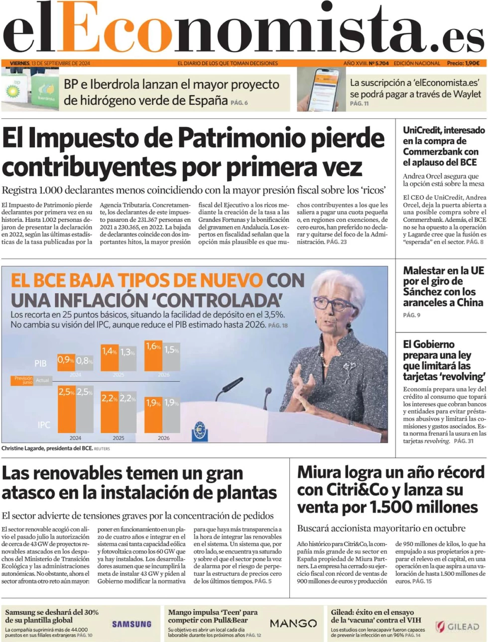 anteprima della prima pagina di el-economista del 13/09/2024