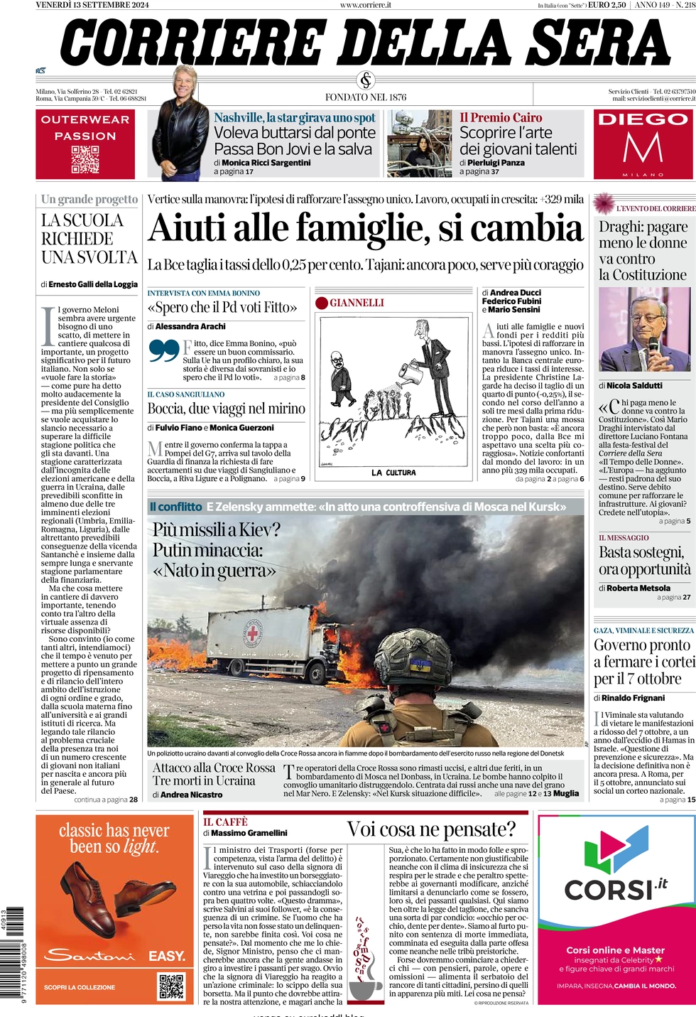 anteprima della prima pagina di corriere-della-sera del 13/09/2024