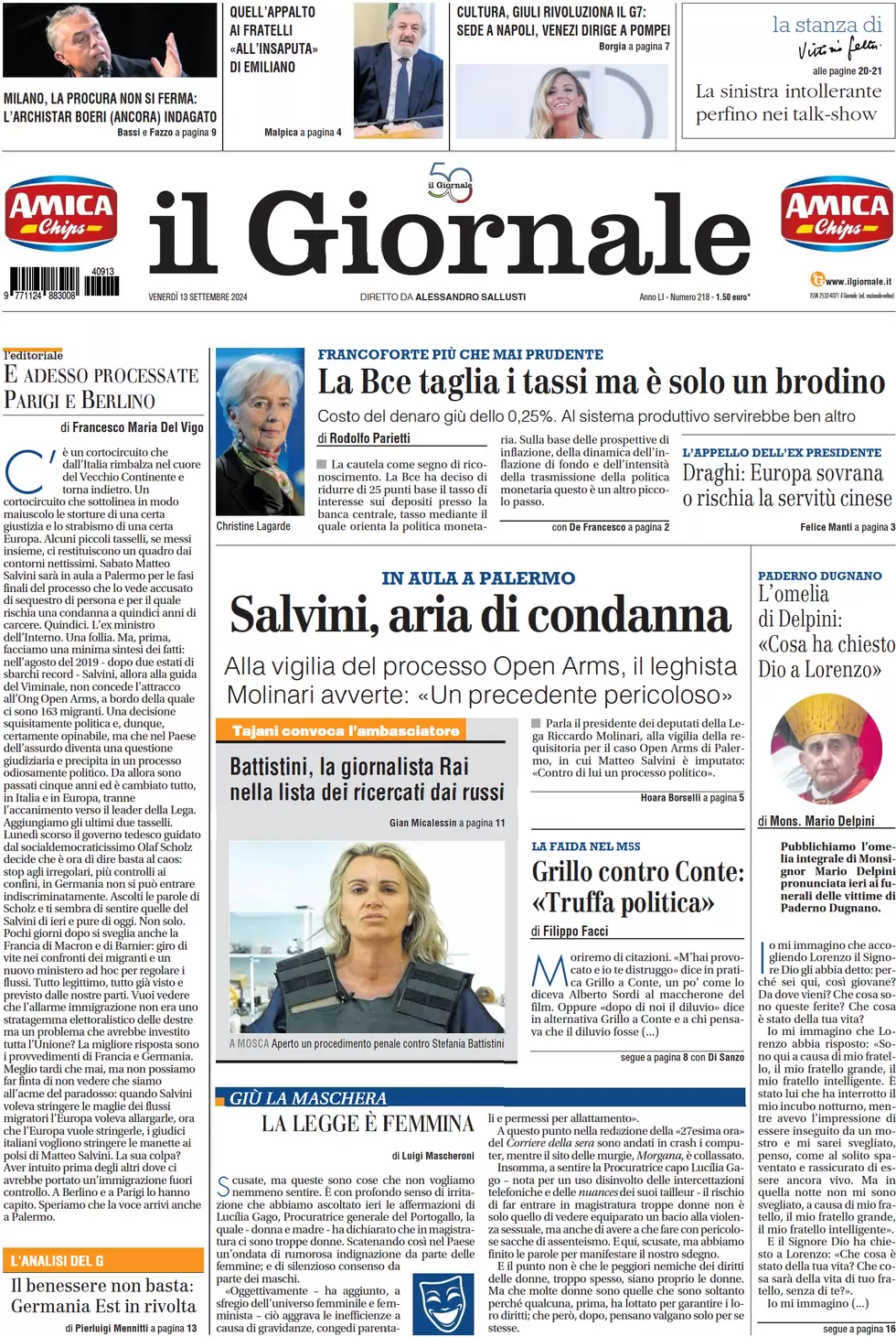 anteprima della prima pagina di il-giornale del 13/09/2024