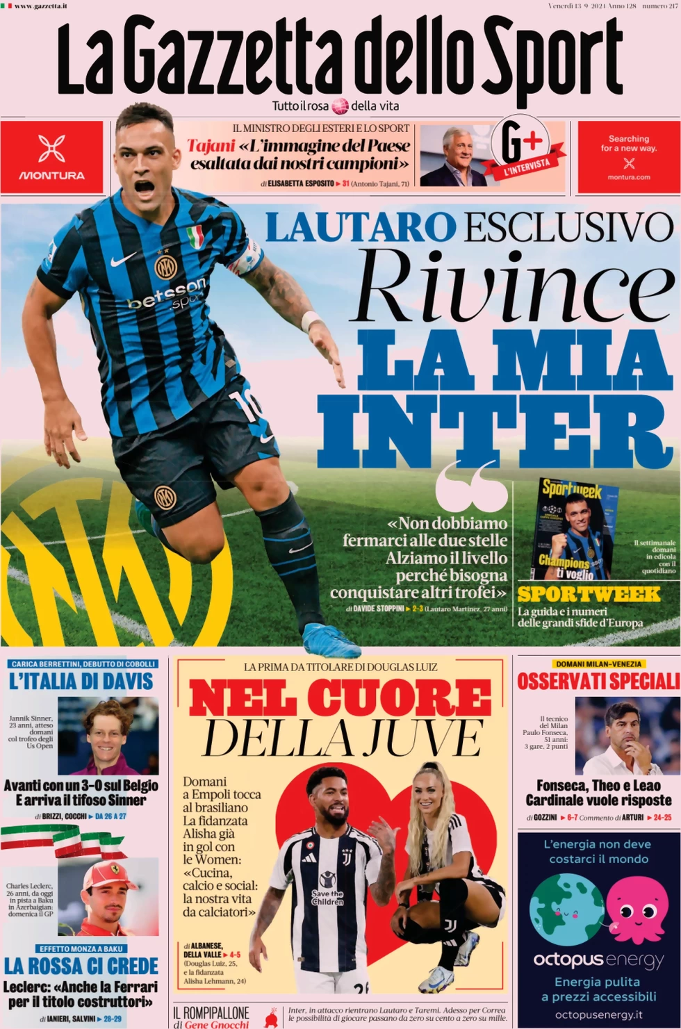 anteprima della prima pagina di la-gazzetta-dello-sport del 13/09/2024