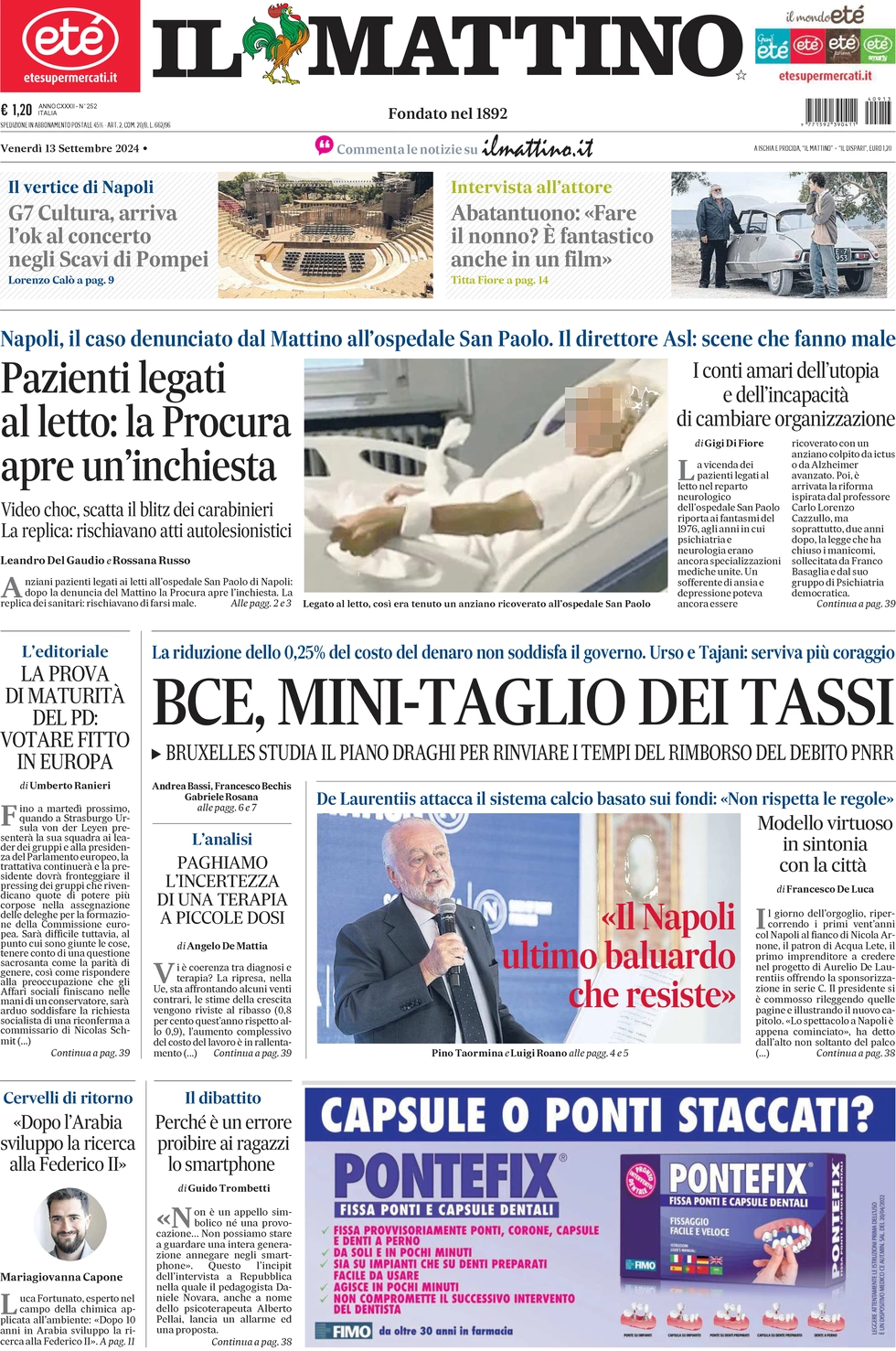 anteprima della prima pagina di il-mattino del 13/09/2024