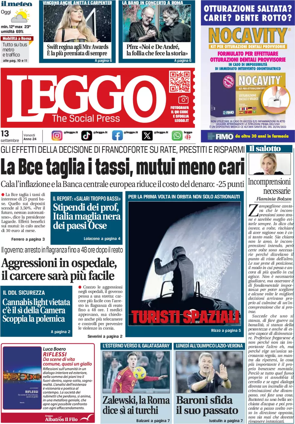 anteprima della prima pagina di leggo-roma del 13/09/2024