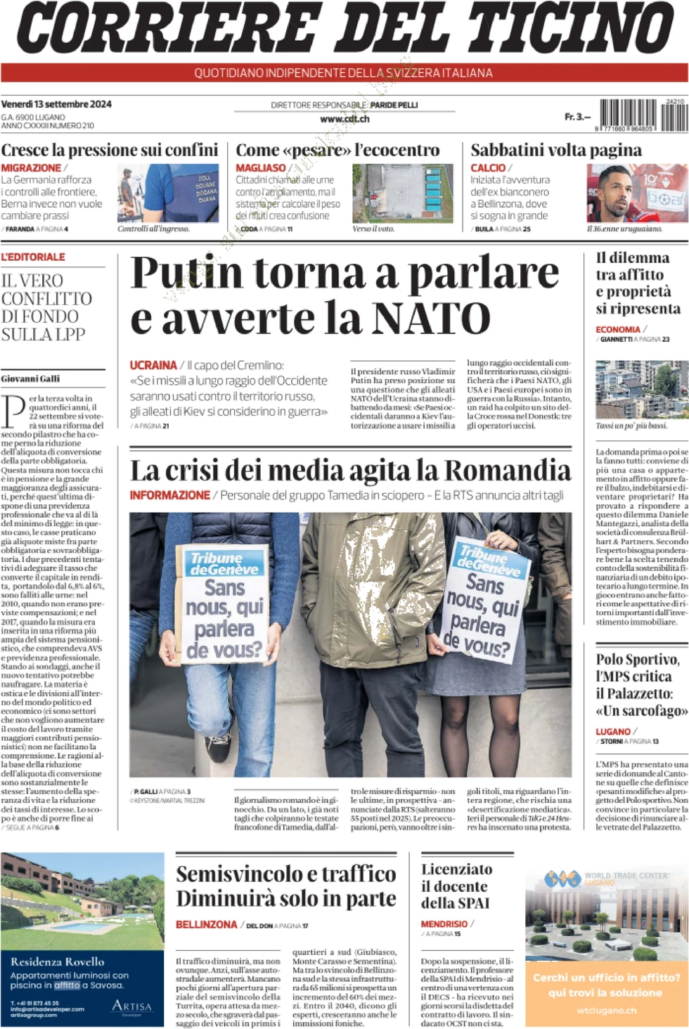 anteprima della prima pagina di corriere-del-ticino del 13/09/2024