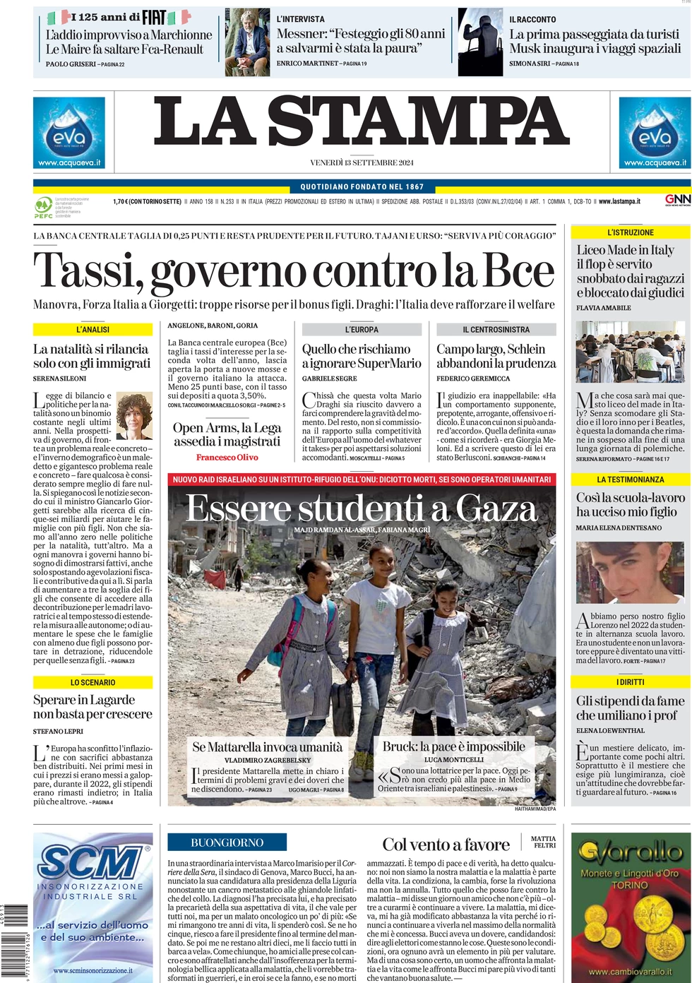 anteprima della prima pagina di la-stampa del 13/09/2024