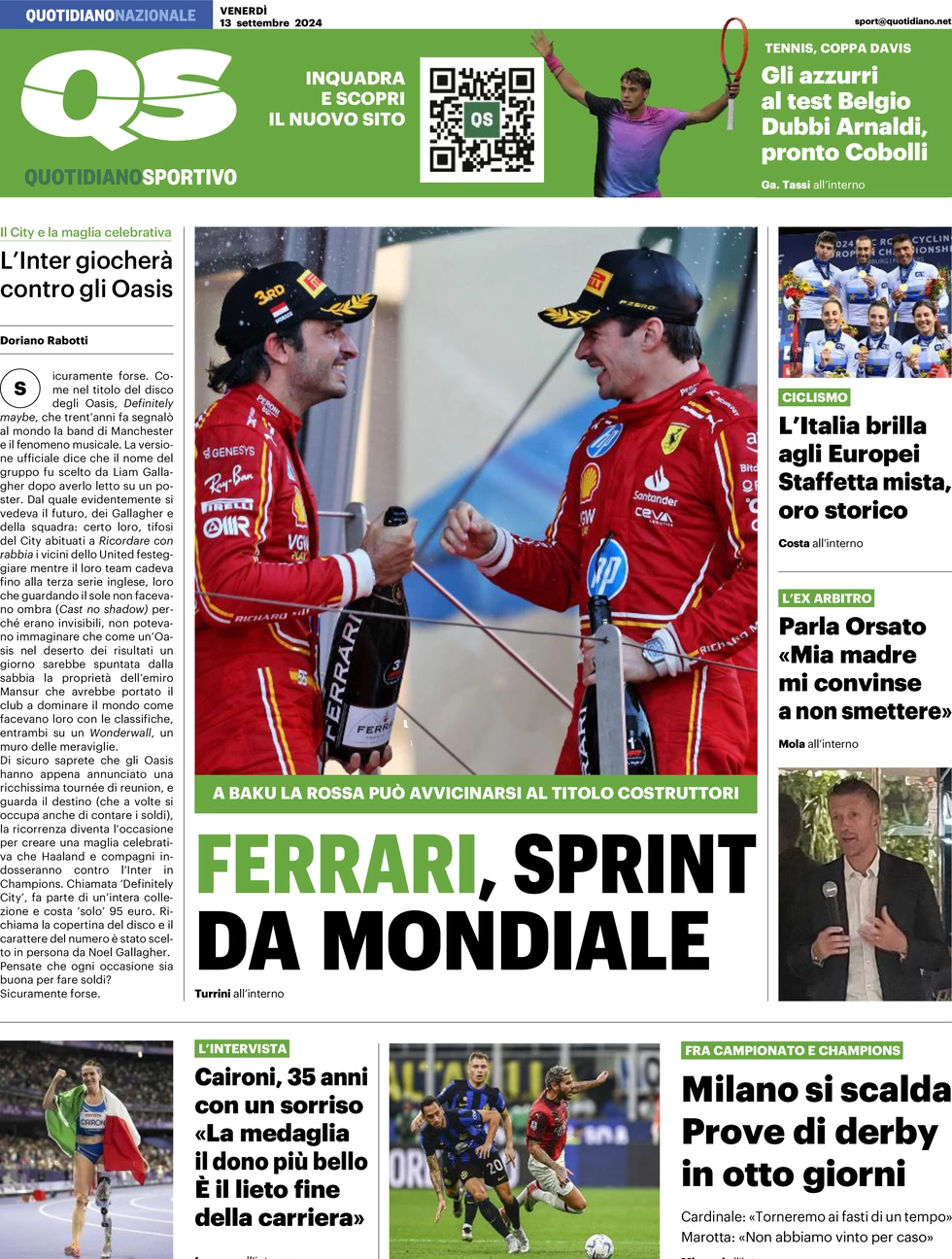 anteprima della prima pagina di qs-quotidiano-sportivo del 13/09/2024