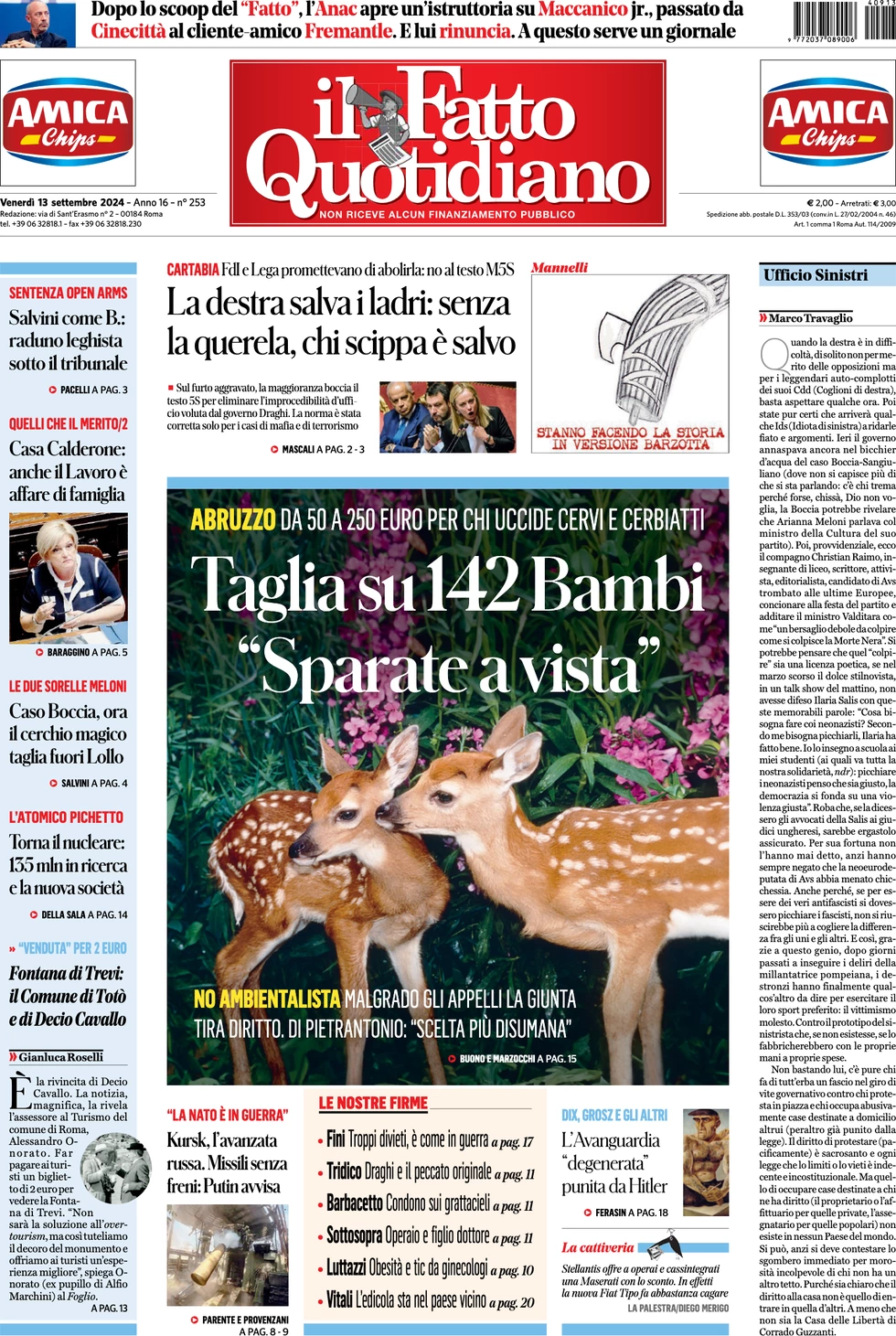 anteprima della prima pagina di il-fatto-quotidiano del 13/09/2024