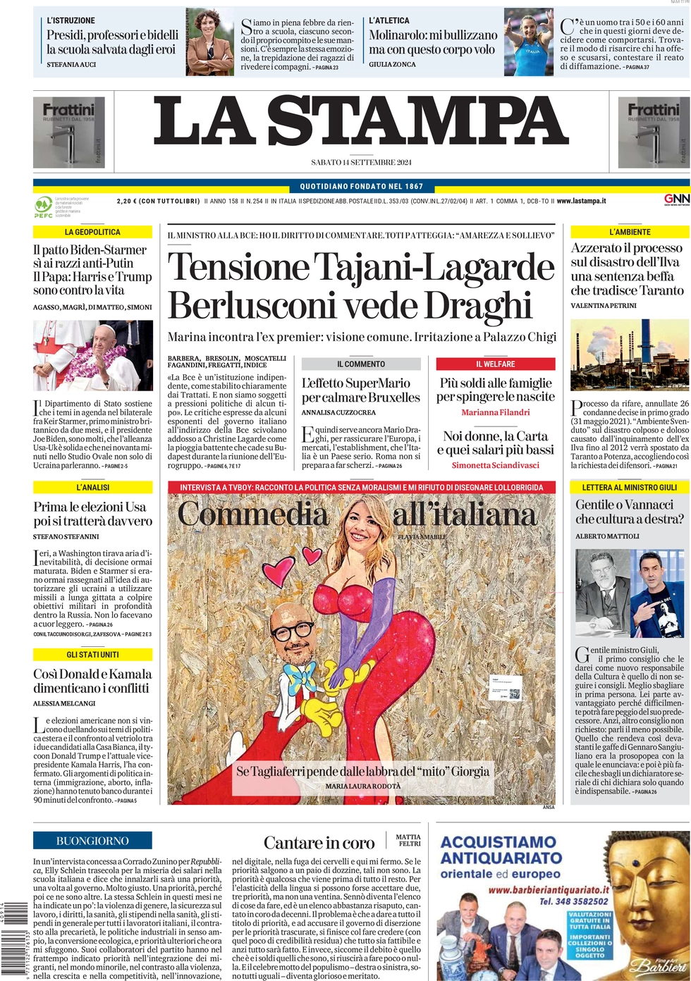 anteprima della prima pagina di la-stampa del 14/09/2024