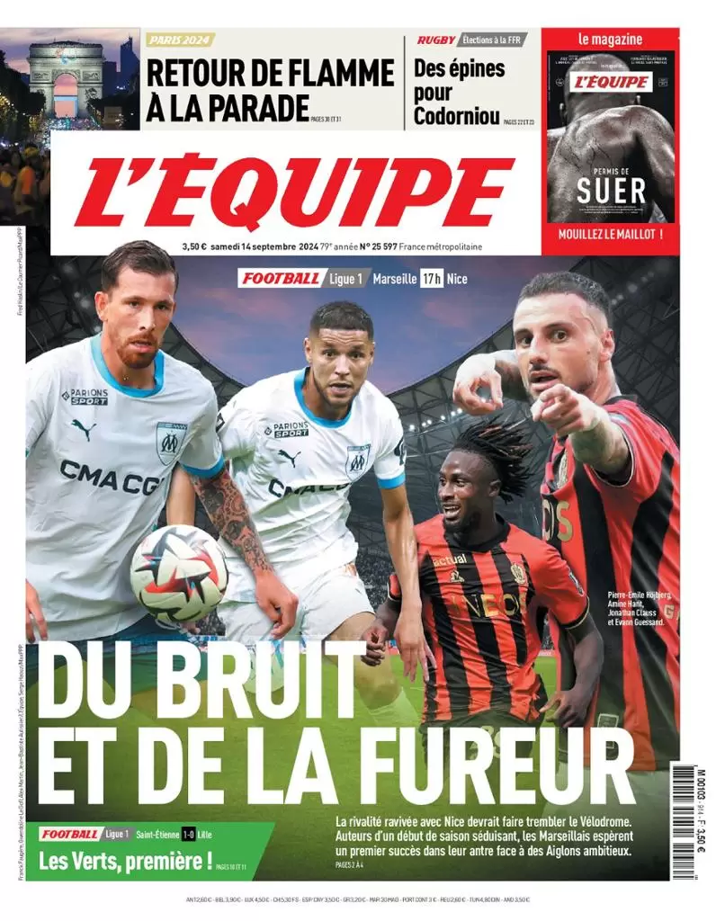 anteprima della prima pagina di lequipe del 14/09/2024
