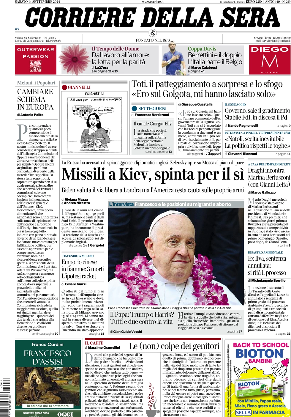 anteprima della prima pagina di corriere-della-sera del 14/09/2024