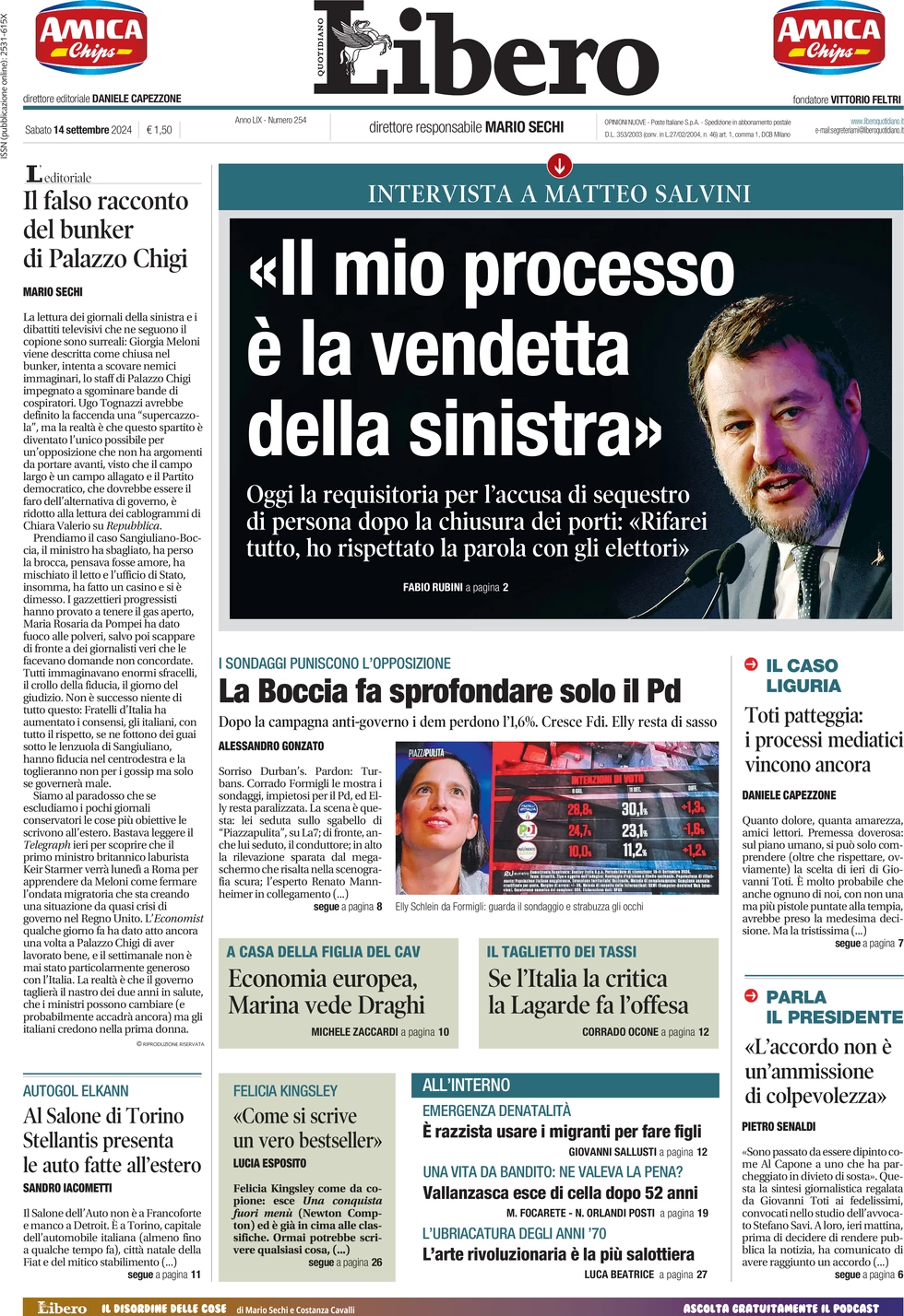 anteprima della prima pagina di libero-quotidiano del 14/09/2024