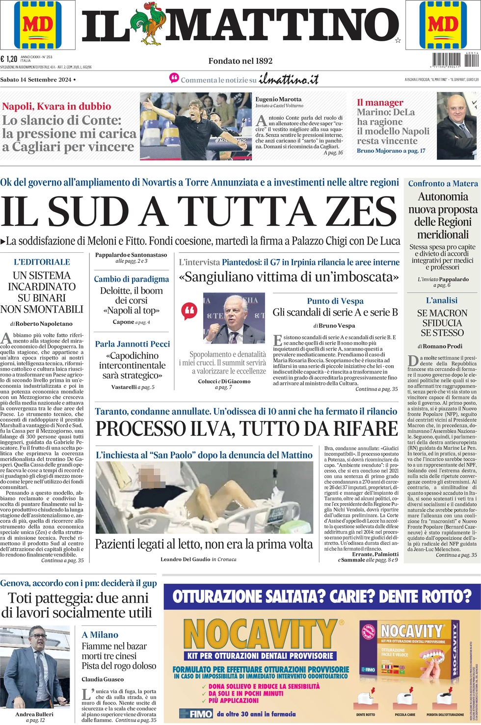 anteprima della prima pagina di il-mattino del 14/09/2024