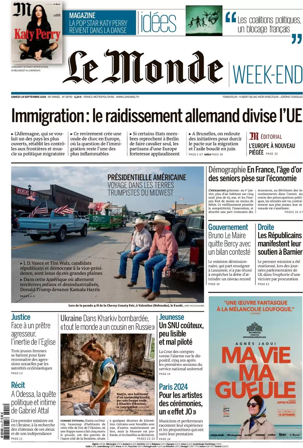 anteprima della prima pagina di le-monde del 14/09/2024