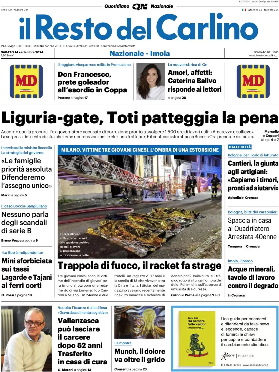 anteprima della prima pagina di il-resto-del-carlino del 14/09/2024