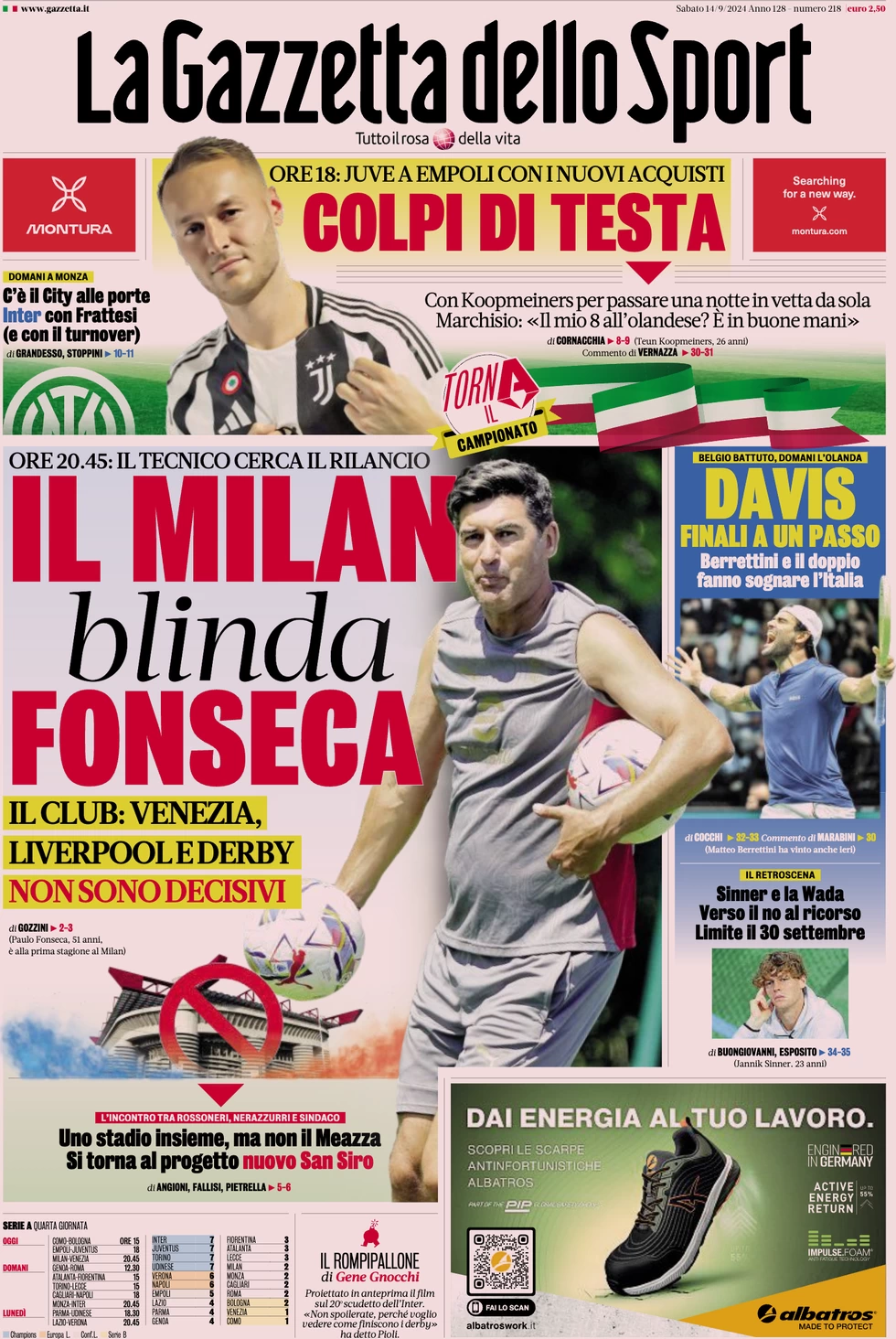 anteprima della prima pagina di la-gazzetta-dello-sport del 14/09/2024