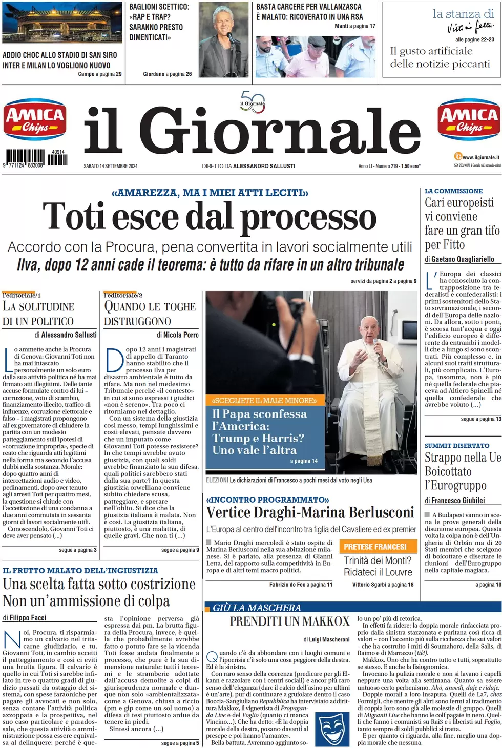 anteprima della prima pagina di il-giornale del 14/09/2024