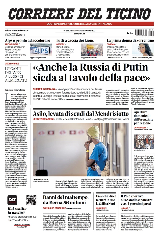 anteprima della prima pagina di corriere-del-ticino del 14/09/2024