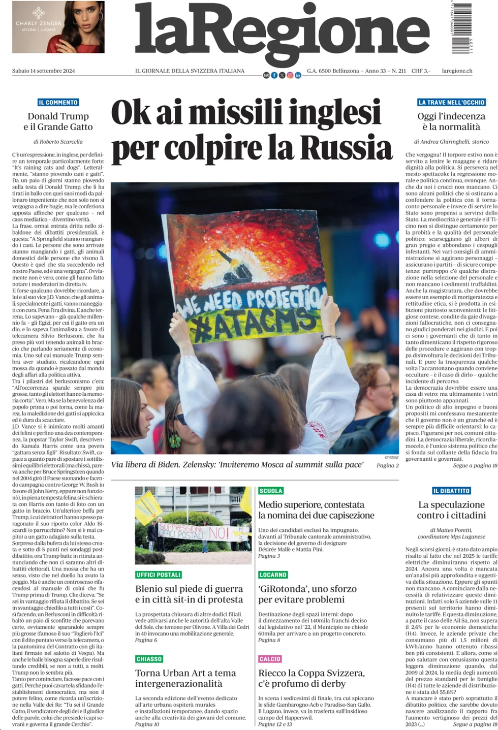 anteprima della prima pagina di la-regione del 14/09/2024