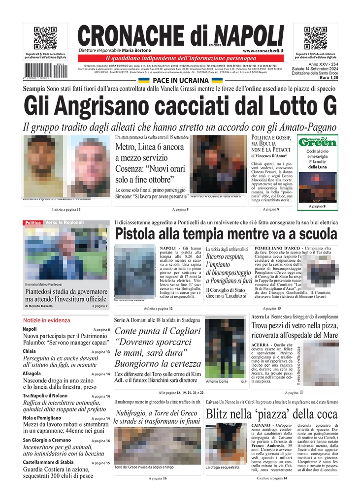 anteprima della prima pagina di cronache-di-napoli del 14/09/2024