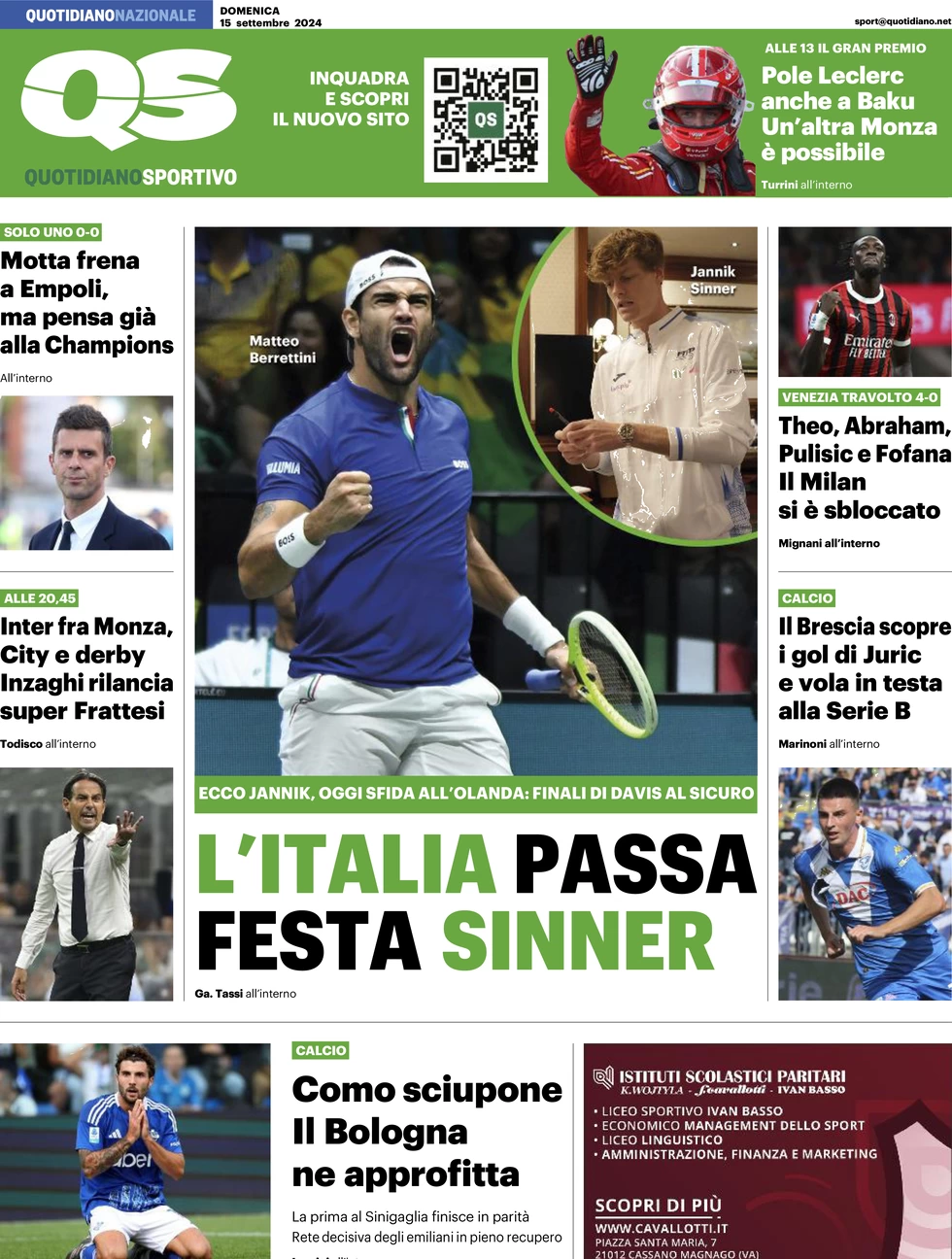 anteprima della prima pagina di qs-quotidiano-sportivo del 15/09/2024