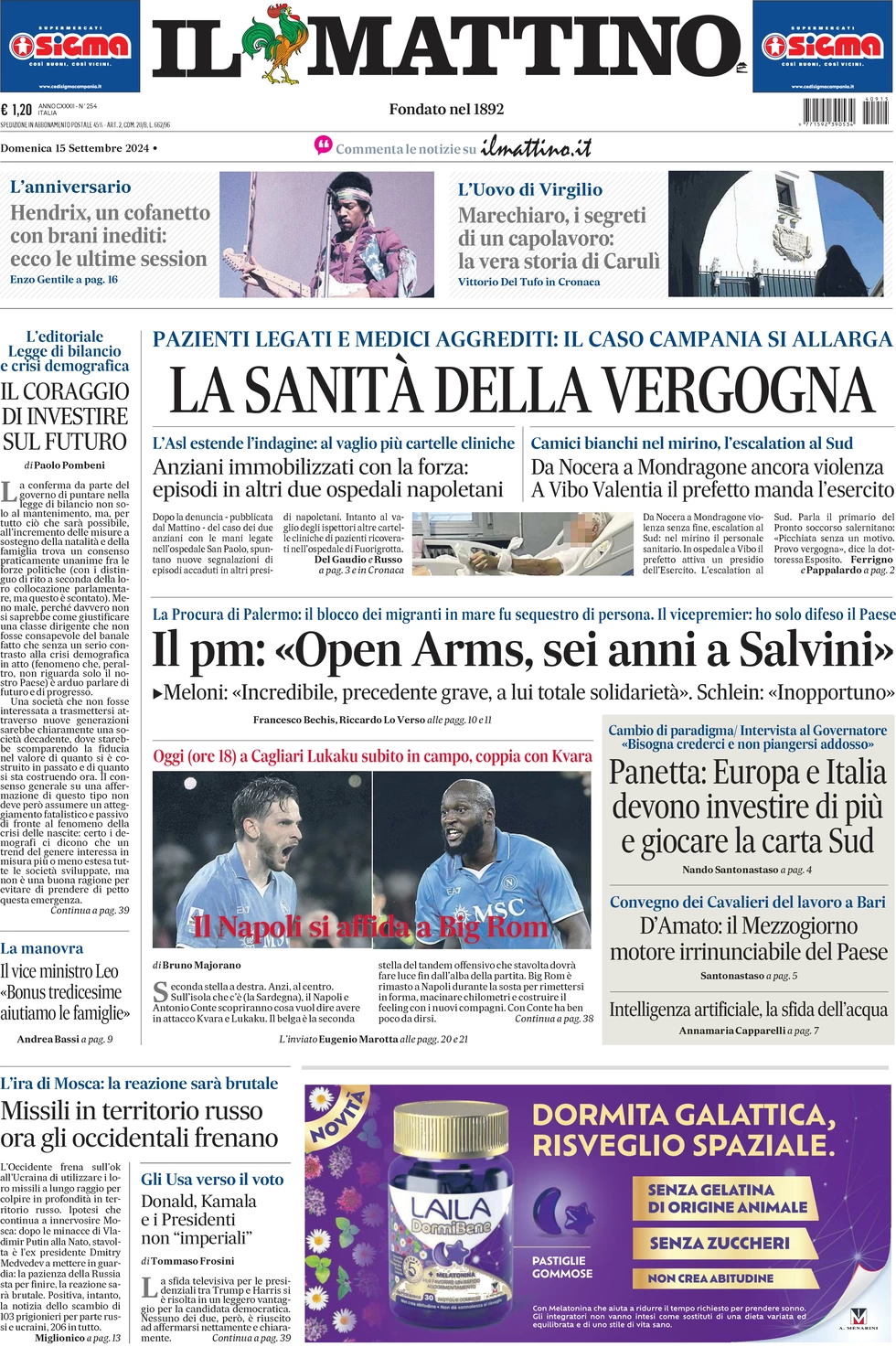 anteprima della prima pagina di il-mattino del 15/09/2024