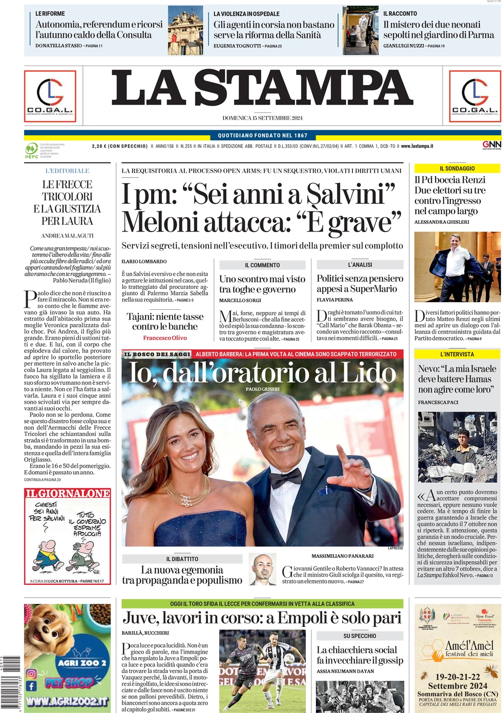 anteprima della prima pagina di la-stampa del 15/09/2024