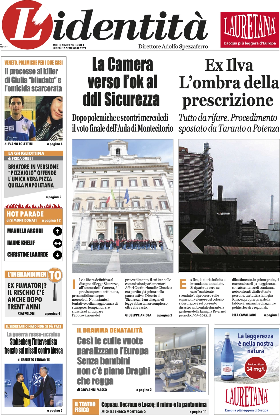 anteprima della prima pagina di lidentit del 15/09/2024