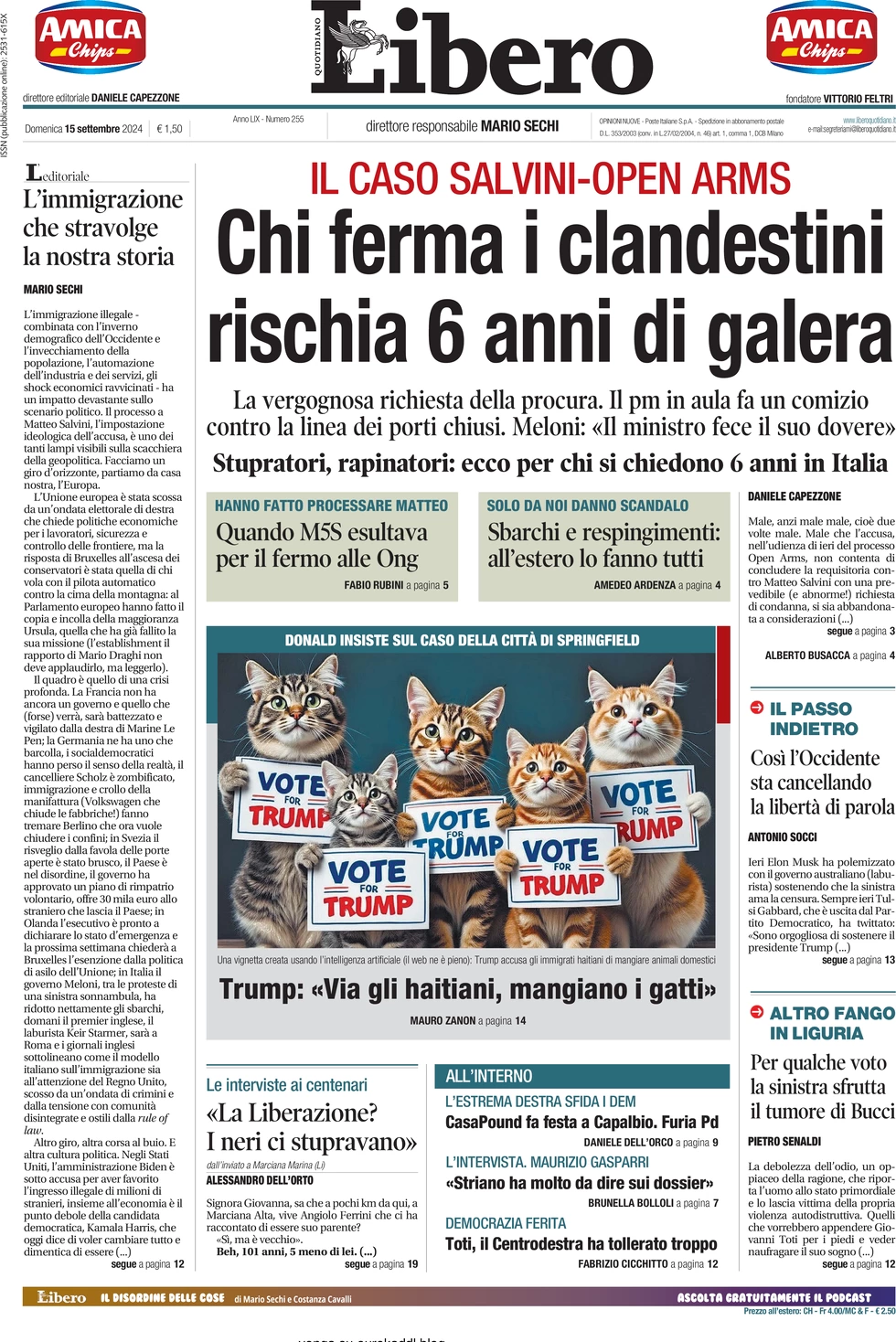 anteprima della prima pagina di libero-quotidiano del 15/09/2024