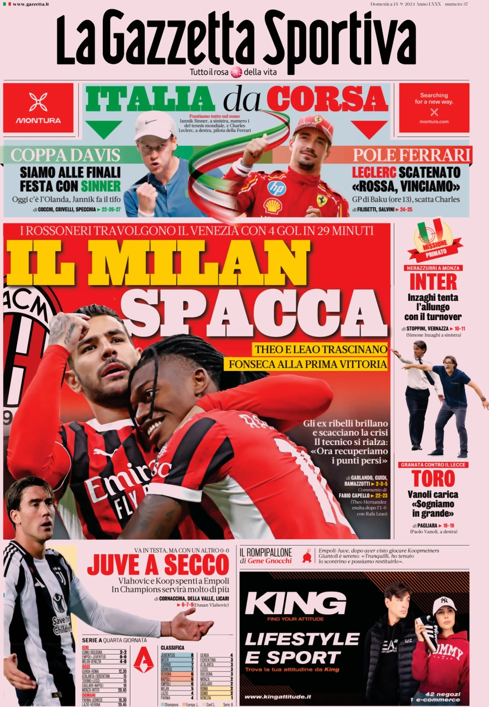 anteprima della prima pagina di la-gazzetta-dello-sport del 15/09/2024