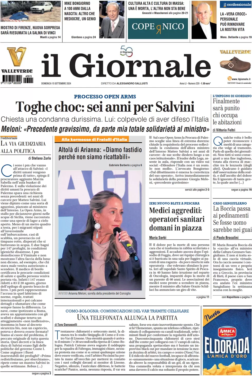 anteprima della prima pagina di il-giornale del 15/09/2024