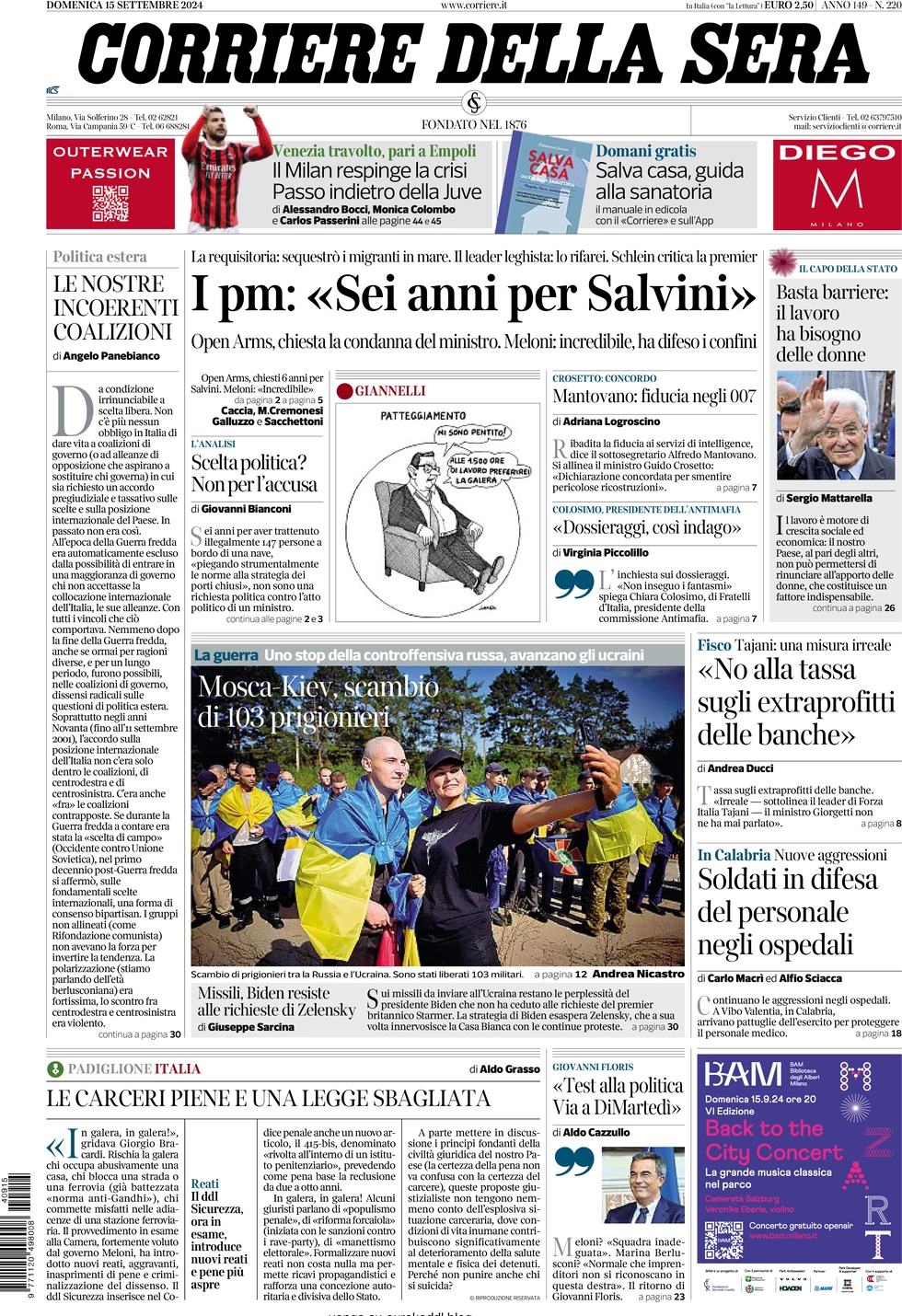 anteprima della prima pagina di corriere-della-sera del 15/09/2024