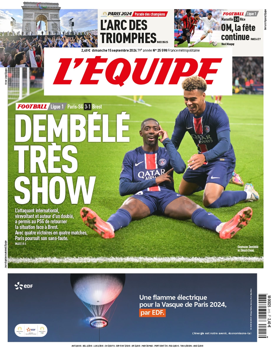 anteprima della prima pagina di lequipe del 15/09/2024