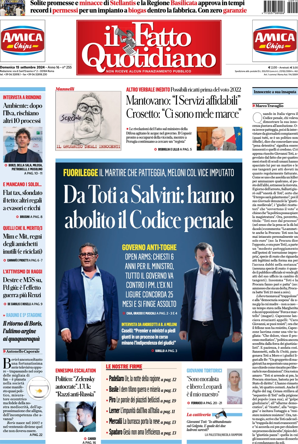 anteprima della prima pagina di il-fatto-quotidiano del 15/09/2024