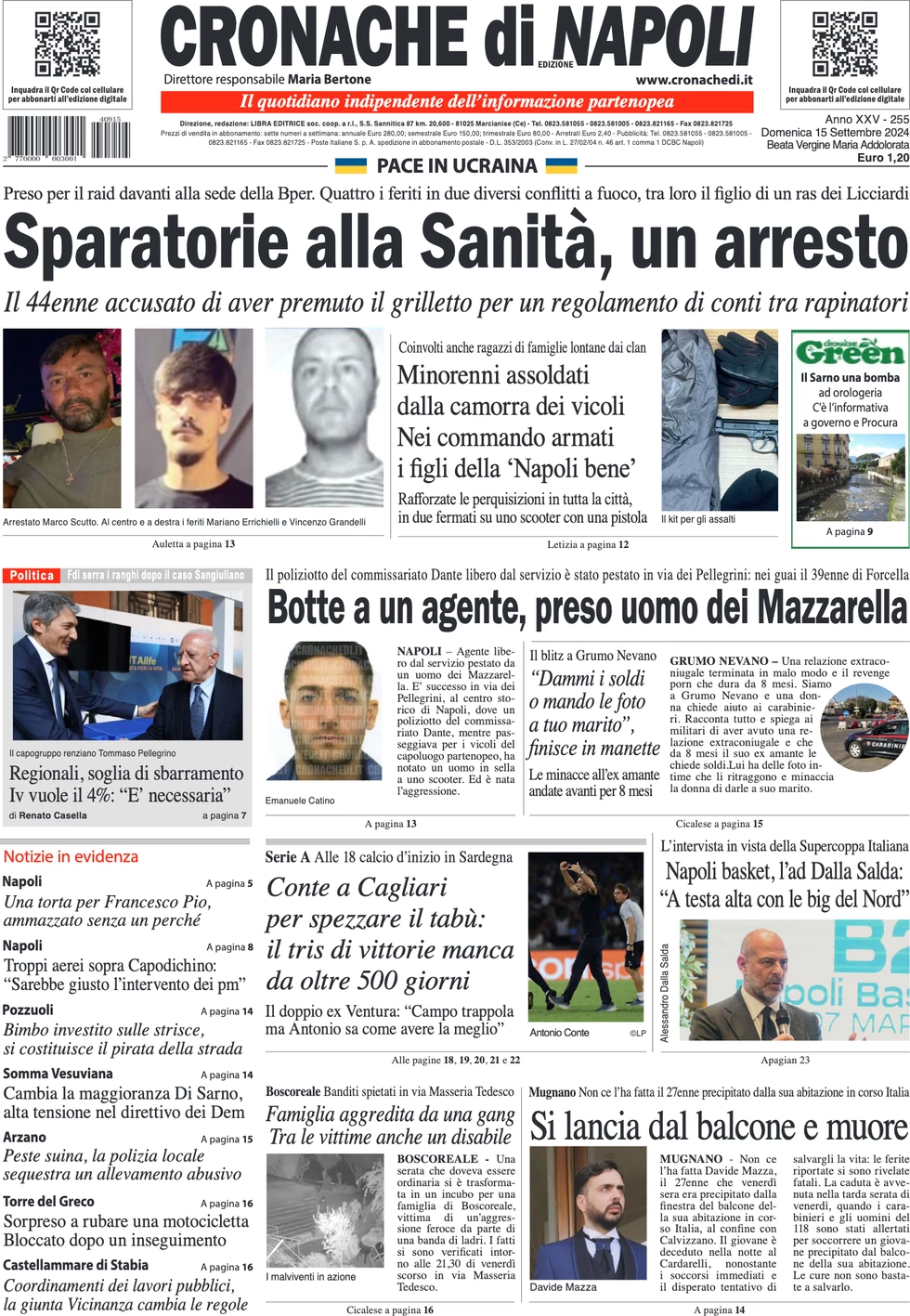 anteprima della prima pagina di cronache-di-napoli del 15/09/2024