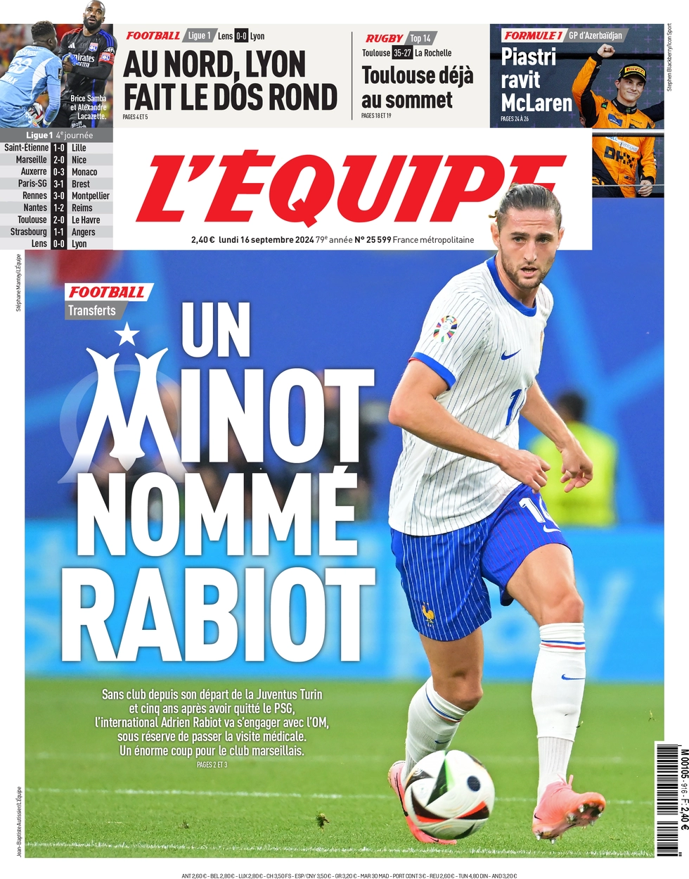 anteprima della prima pagina di lequipe del 16/09/2024