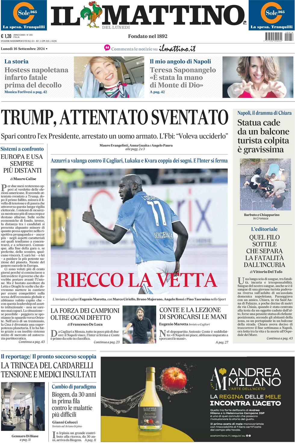 anteprima della prima pagina di il-mattino del 16/09/2024