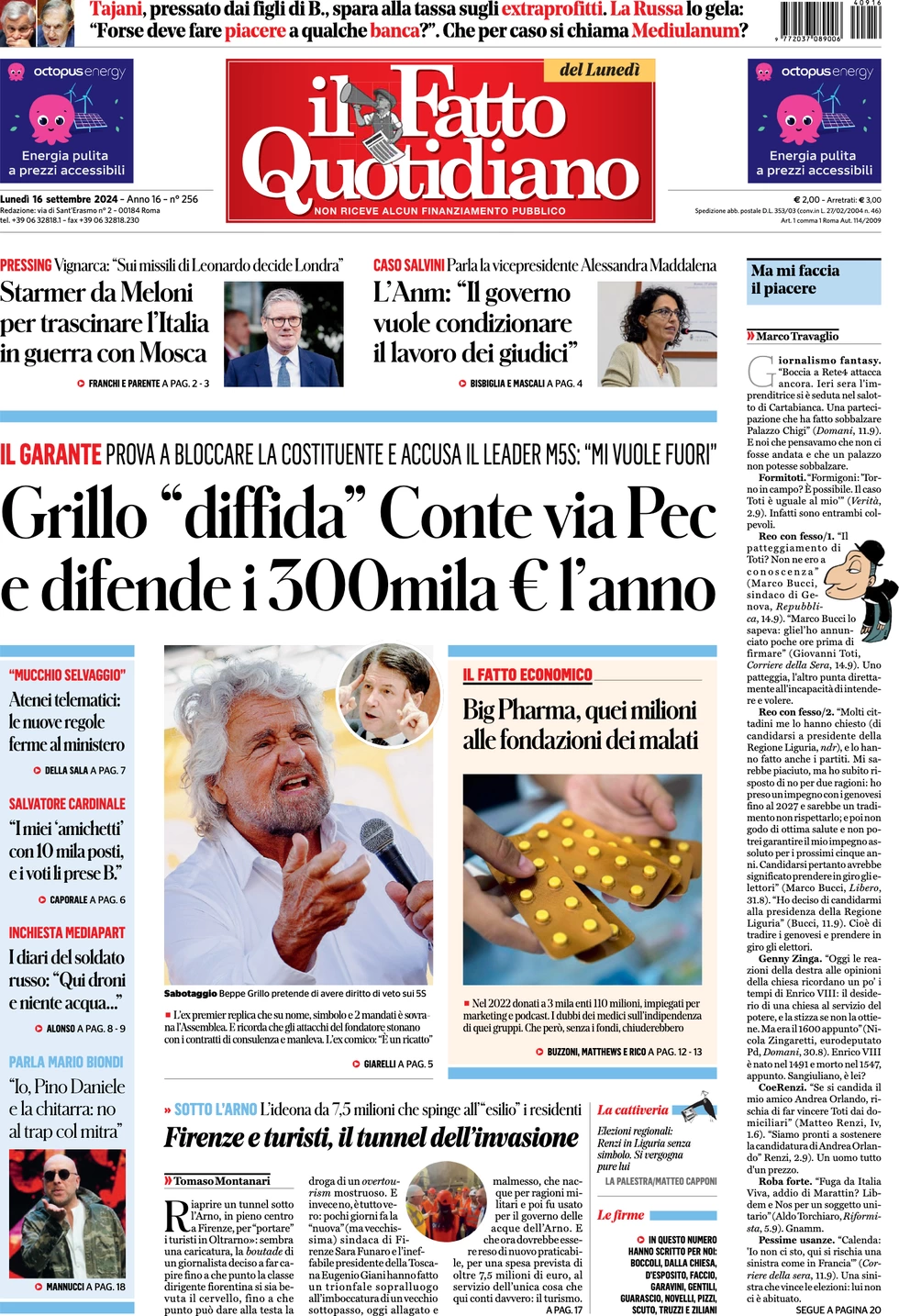 anteprima della prima pagina di il-fatto-quotidiano del 16/09/2024