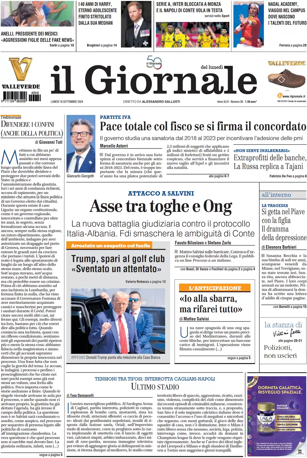 anteprima della prima pagina di il-giornale del 16/09/2024