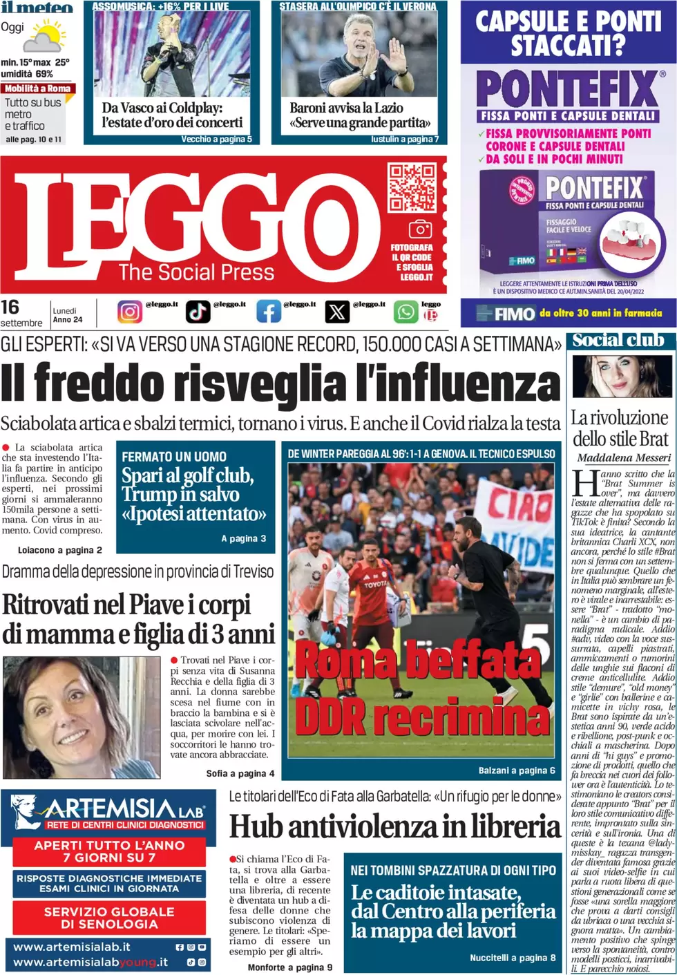 anteprima della prima pagina di leggo-roma del 16/09/2024