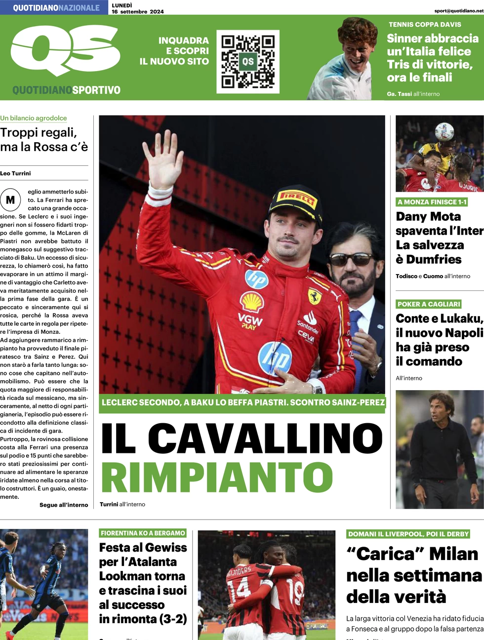 anteprima della prima pagina di qs-quotidiano-sportivo del 16/09/2024