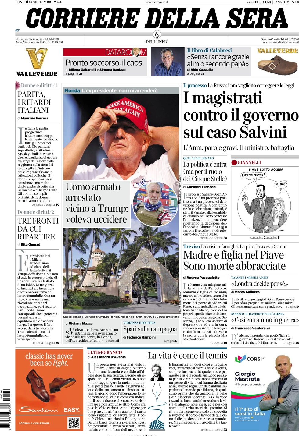 anteprima della prima pagina di corriere-della-sera del 16/09/2024