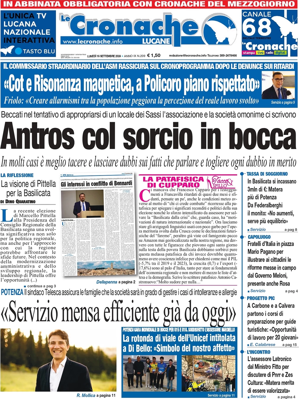 anteprima della prima pagina di le-cronache-lucane del 16/09/2024