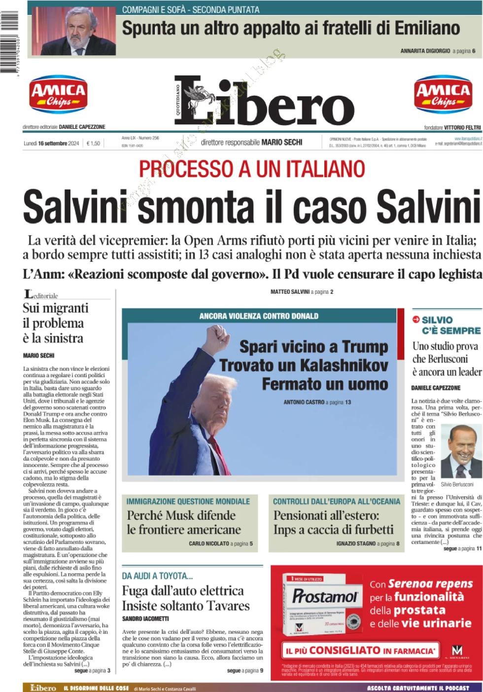 anteprima della prima pagina di libero-quotidiano del 16/09/2024