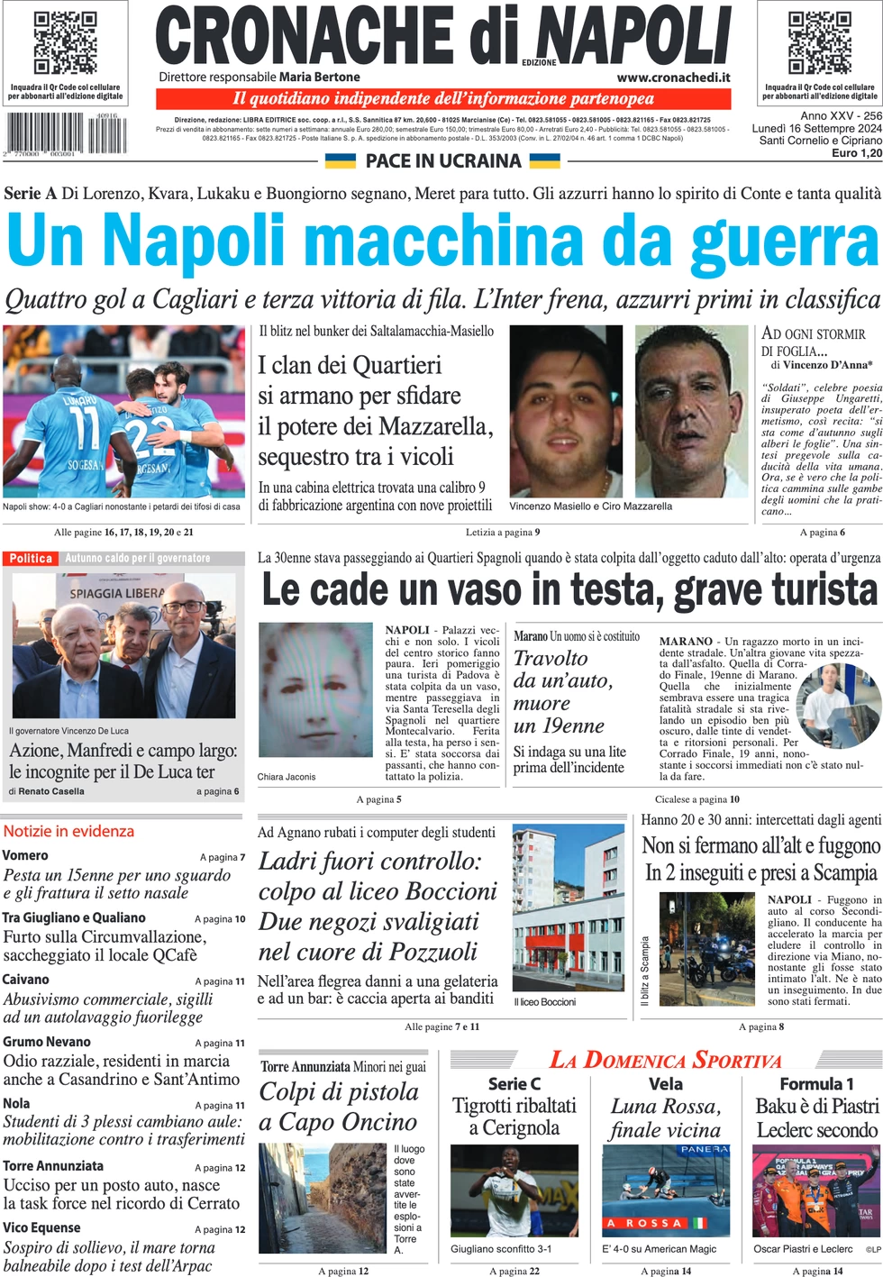 anteprima della prima pagina di cronache-di-napoli del 16/09/2024