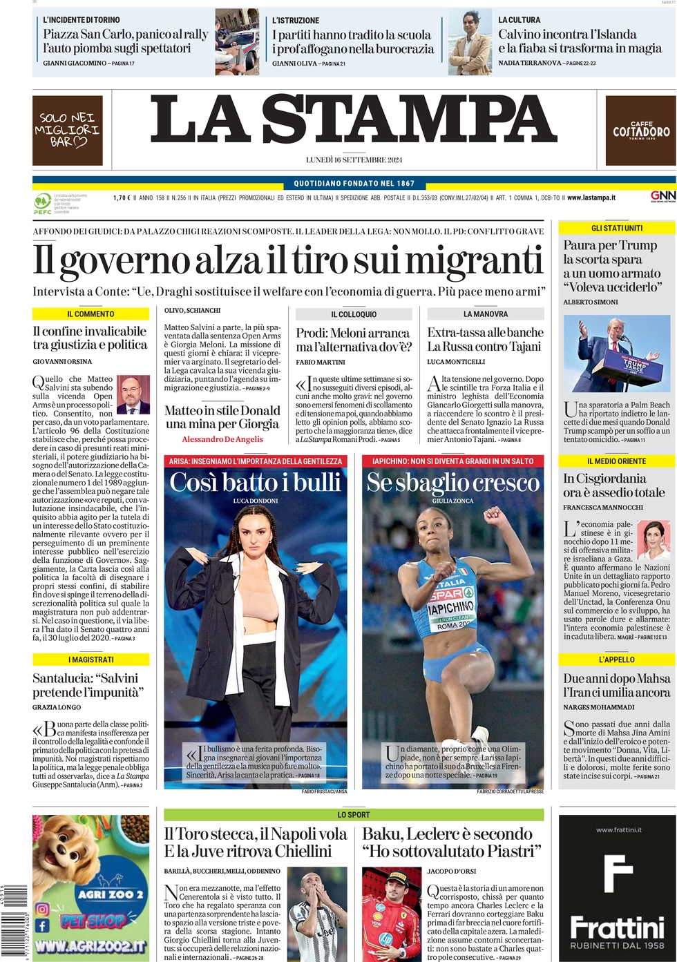 anteprima della prima pagina di la-stampa del 16/09/2024