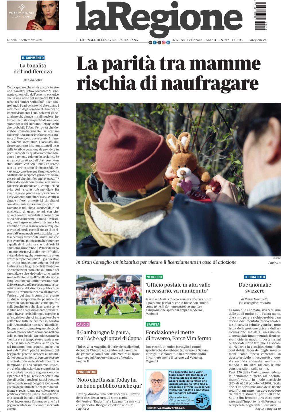 anteprima della prima pagina di la-regione del 16/09/2024