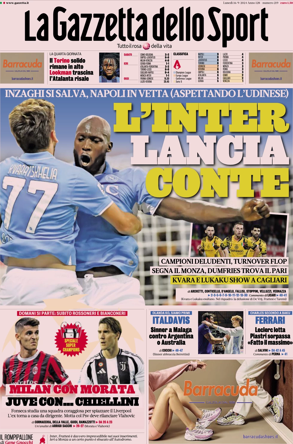 anteprima della prima pagina di la-gazzetta-dello-sport del 16/09/2024