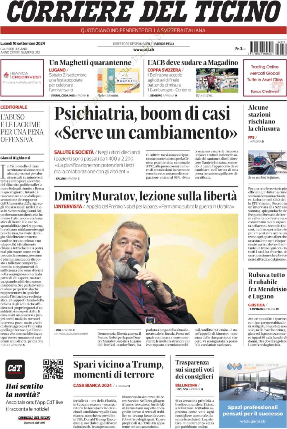 anteprima della prima pagina di corriere-del-ticino del 16/09/2024