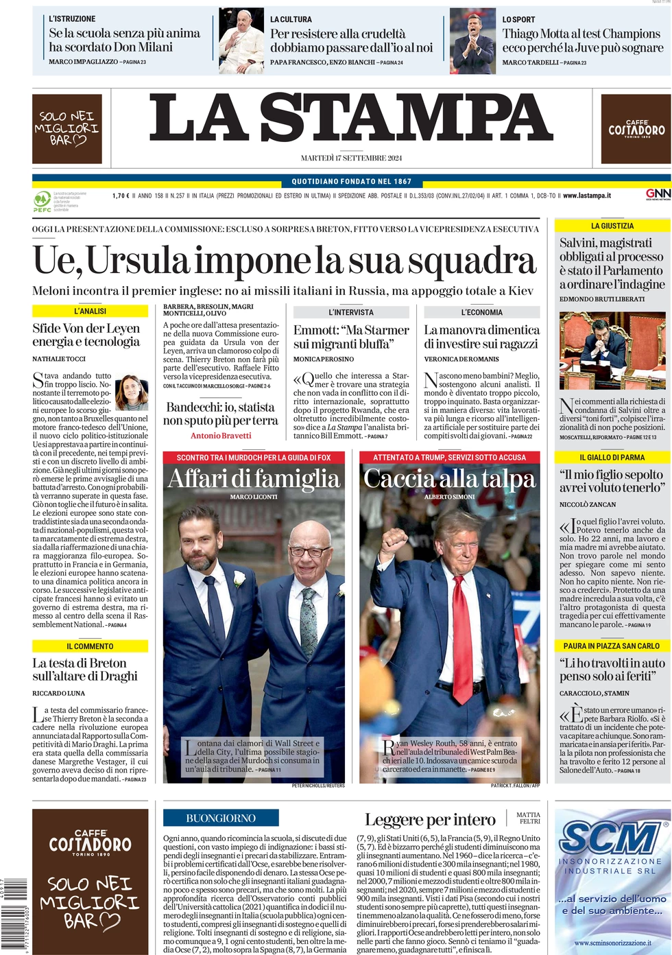 anteprima della prima pagina di la-stampa del 17/09/2024