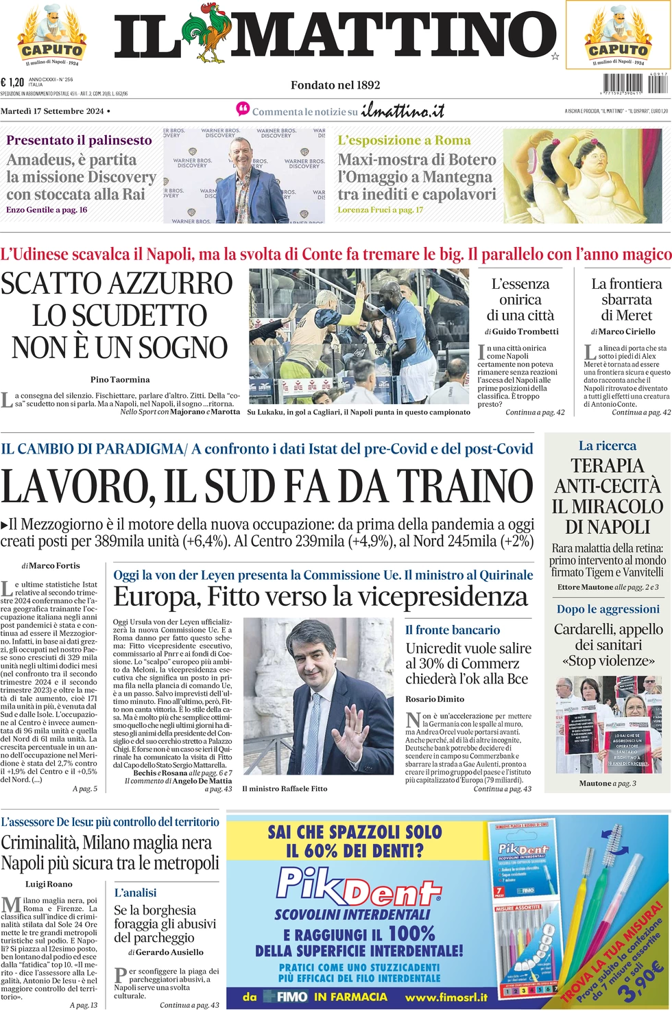 anteprima della prima pagina di il-mattino del 17/09/2024