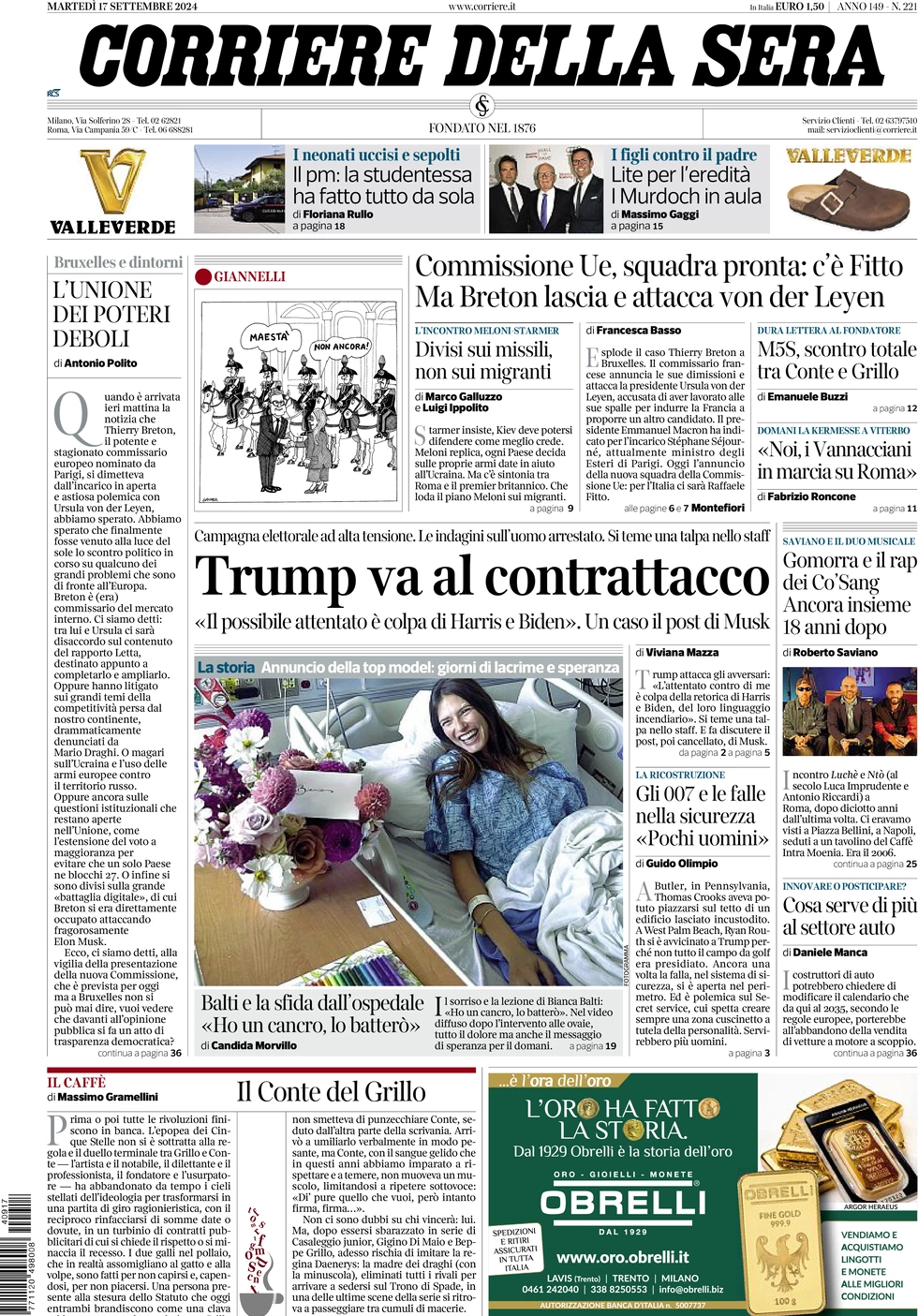 anteprima della prima pagina di corriere-della-sera del 17/09/2024